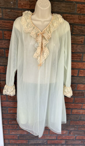 Primary image for Vintage Vanity Fair Sheer Green Robe Beige Lace Bows All Nylon Long Sleeve 36