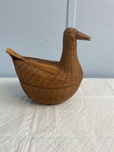 VTG Lillian Vernon Covered Duck Figure Basket Crafted Wicker Bamboo Rattan RARE! - $14.73