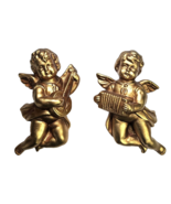 Pair Vintage 6.5&quot; Gold Cherub Angel Wall Hangings Music Décor Banjo Acco... - £31.45 GBP