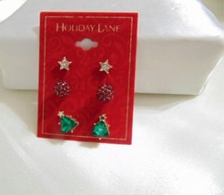 Holiday Lane Gold-Tone 3-Pc. Set Crystal Star, Ball &amp; Tree Stud Earrings CHR103 - $13.43