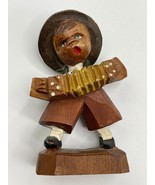 Antique Wood Carving Boy Folk Art 2.5&quot; Accordion Player Musician  - £27.49 GBP
