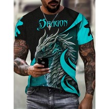 Dragon Print Men&#39;s Graphic T-shirts Tees Short Sleeve Pullover Cyan / XX... - £16.01 GBP