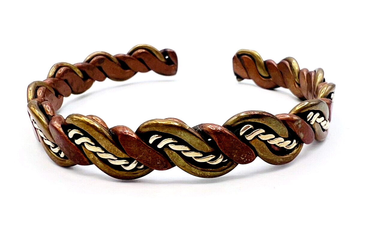 Primary image for Vintage Tri Tone Braided Copper Brass Silver Tone Cuff Bracelet