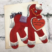 Vtg 50’s Valentine Card Red Flocked Pony Unused with Envelope  - $11.88