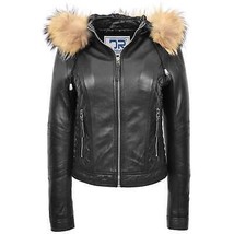 DR261 Women&#39;s Detachable Hoodie Biker Leather Jacket Black - £137.77 GBP