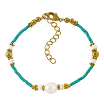 Chic Green Turquoise Stones and Freshwater White Pearl Brass Beads Bracelet - £8.91 GBP