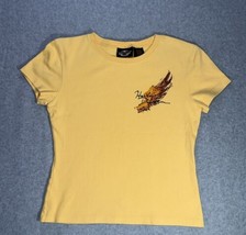Harley Davidson Womens Yellow L Short Sleeve Cropped T shirt Glitter Wing - £10.21 GBP