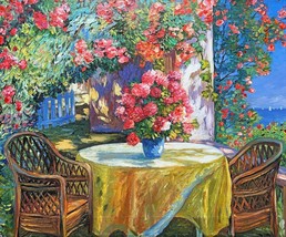 Alain Bonnec Peaceful Jardin Lac Vue Rouge Roses Édition Limitée Main Signée Art - £293.58 GBP
