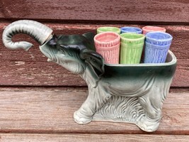 Old Elephant Liquor Decanter &amp; Shot Glasses Set Ceramic Made In Germany Vintage - £39.77 GBP