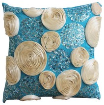 Blue Art Silk 16x16 Ribbon Ivory Rose Flower &amp; Sequins Pillows Cover, Eternity - £27.01 GBP+