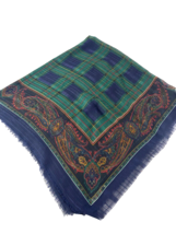 Vintage Betmar Scarf Blue Green Plaid &amp; Paisley Square Head / Shoulders Wrap 54&quot; - £34.78 GBP