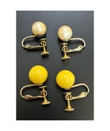 2 Vtg Clip On Screw Back Earrings Set Yellow &amp; Faux Pearl Ball Design - $11.22