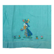 Vintage Teal Embroidered Tea Ladies Flowers Hankie Blue Embroidered 11x14 Garden - £9.78 GBP