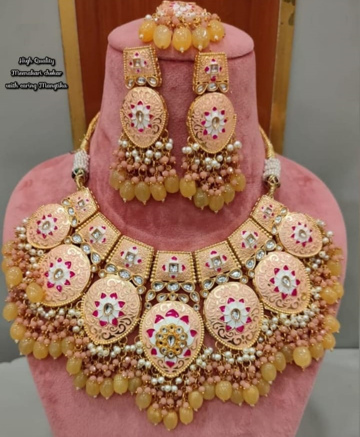 Primary image for Bollywood Style Indian Gold Plated Orange Enameled Kundan Necklace Jewelry Set