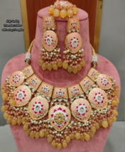 Bollywood Style Indian Gold Plated Orange Enameled Kundan Necklace Jewelry Set - £113.90 GBP