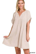 Gauze Rolled Short Sleeve Raw Edge V-Neck Dress - £21.50 GBP+