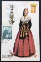 VTG 1953 Barcelona Catalonia Woman in Traditional Dress Postmarked Portugal - $12.19