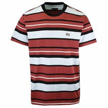 OBEY Men&#39;s Red Light Blue Classic Striped S/S T-Shirt (S04C) - $20.48