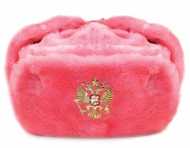 Authentic Russian Ushanka Pink Hat w/ Soviet Imperial Eagle Emblem - £26.06 GBP