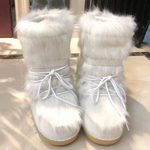 Winter Snow Boots Women Ski Boots Fluffy Hairy Lace Up Middle Calf Platform Flat - £64.39 GBP