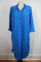 Vtg Serenity 48&quot; Bust Blue Plush Pearl Snap Ruffle Trim House Coat Robe - £20.89 GBP