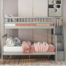 Twin over Full Stairway Bunk Bed with Storage, Gray - £454.28 GBP