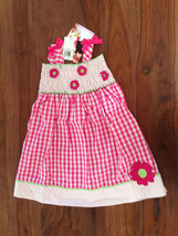 Nannette Little Girl Floral Applique Pink Green Gingham Bow Smock Tank D... - £15.72 GBP