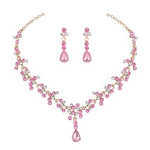 KMVEXO Purple Pink Rhinestone Crystal Bridal Jewelry Set Earrings Necklace Weddi - £18.92 GBP