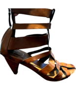 vic matie women&#39;s studded brown leather strappy wooden zip-up heels EU41... - $27.73