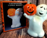 Vintage Earthenware Tealight Candle Holder Halloween Ghost with Pumpkin ... - $14.80