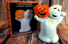 Vintage Earthenware Tealight Candle Holder Halloween Ghost with Pumpkin In Box - £11.82 GBP