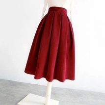 Winter Wine Red Pleated Skirt Women Plus Size Woolen Midi Party Skirt image 3