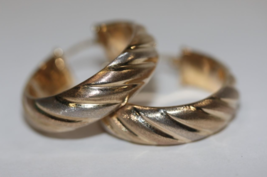 14K Tri Color Gold Matte Finish Fluted Puffy Wide Hoop Earrings 1&quot; Diameter - $495.00