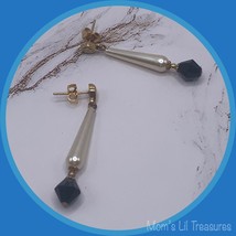 Fashion Elongated Teardrop Pearl &amp; Black Crystal Drop Dangle Earrings - Handmade - £6.15 GBP