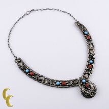Signed H Sterling Silver Panel Necklace w/Turquoise &amp; Coral Stones - $6,058.87 MXN