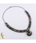 Signed H Sterling Silver Panel Necklace w/Turquoise &amp; Coral Stones - €283,63 EUR