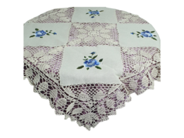 Summer Table Topper Linen, Blue Embroidered &amp; Crochet Doily, Rustic Deco... - £30.68 GBP