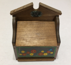 Vintage wood recipe card holder glass front with flower design wall moun... - $19.75