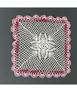 Vintage Handmade Crochet Floral Doily White with Pink Edge Square - $276.79 MXN