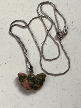 Thin 925 Marked Silver Box Chain w Carved Green &amp; Pink Unakite Stone BUTTERFLY - £14.78 GBP