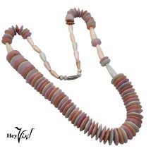 Pastel Pink and Green Flat Bead Necklace w Asymmetrical Look 26&quot; Long  - Hey Viv - £19.18 GBP
