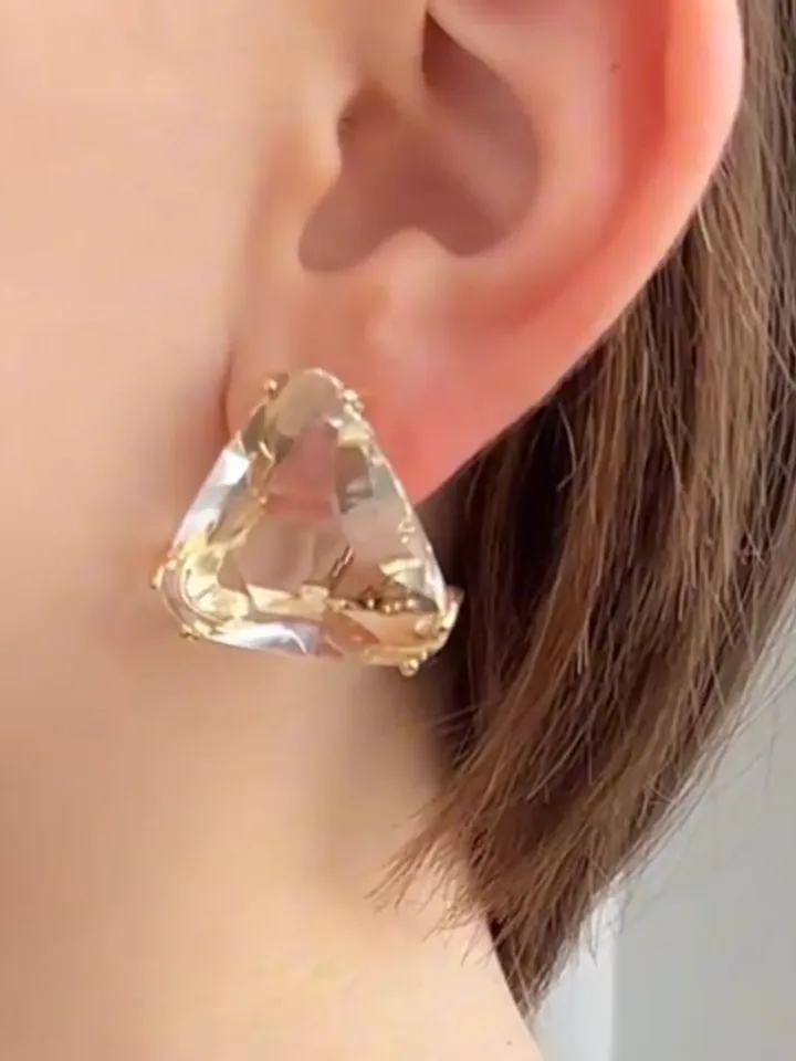 Gold plated earrings with a large triangular crystal stone , women&#39;s tri... - $89.00