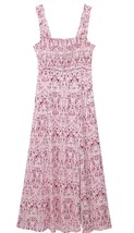 Zara LINEN-BLEND Willa Print Maxi Dress Pink White Red Summer Medium - £38.36 GBP