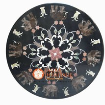 24&quot; Black Round Marble Coffee Patio Table Top Marquetry Inlay Elephant Art H5675 - £539.33 GBP