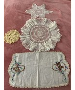 Lot Of  4 Doilies, 12”, 6”, 16” Diameter &amp; 18￼”x10” Embroidery Table Run... - $14.25