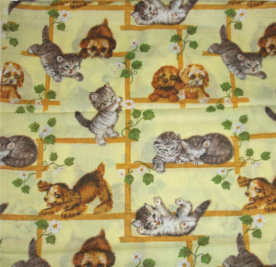 VTG 60&#39;s Adorable Puppies &amp; Kittens Floral Trellis Lightweight Cotton Fa... - $16.99