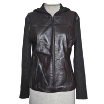 Brown Full Zip Faux Leather Embellished Hooded Sweater Size Medium  - £19.75 GBP