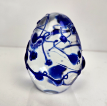 Vintage Art Glass Paperweight Egg Shaped Clear Blue 3D Free Form Spiral Drizzle - £19.54 GBP
