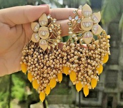 Bollywood Enameled Yellow Earrings Women Bridal Wedding Jewelry Pearl Kundan Set - £22.77 GBP