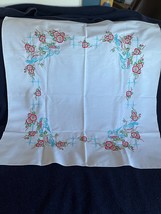 Vintage White w Embroidered Blue Birds &amp; Red Flowers Cotton Blend Table ... - $28.66